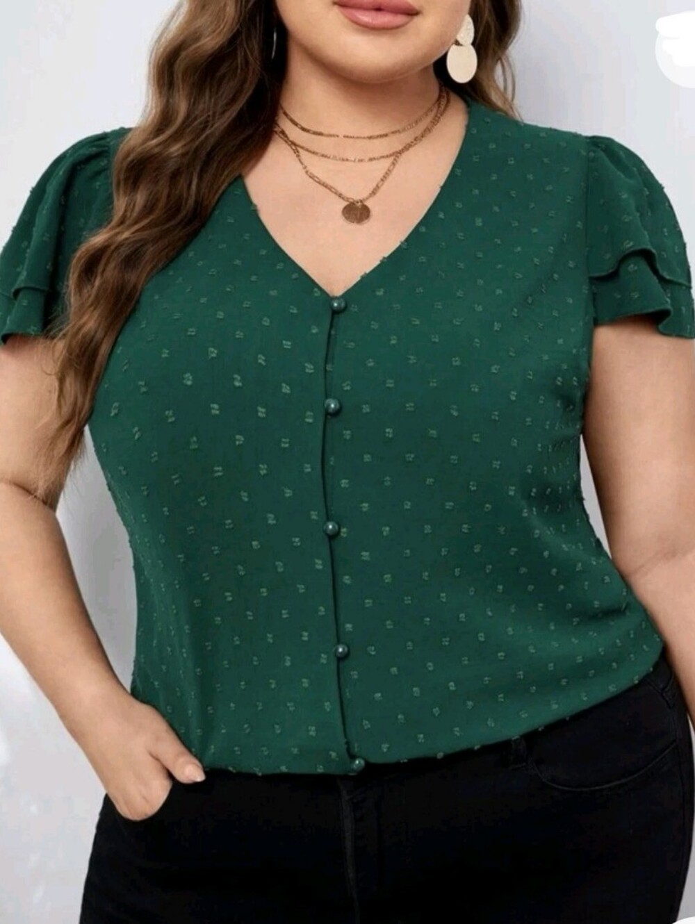 SHEIN Curve Green V-Neck Button-Front Butterfly Sleeve Top